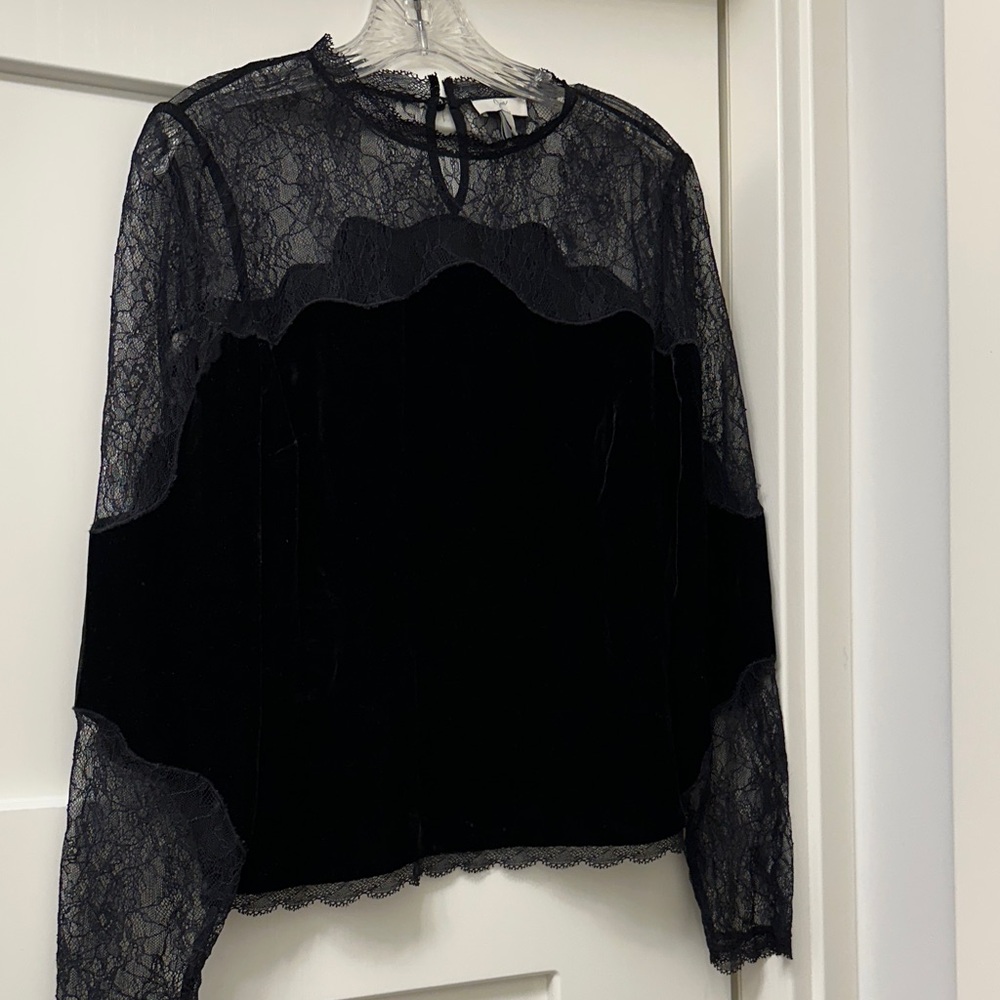 Joie Black Lace and Velvet Long Sleeve Top